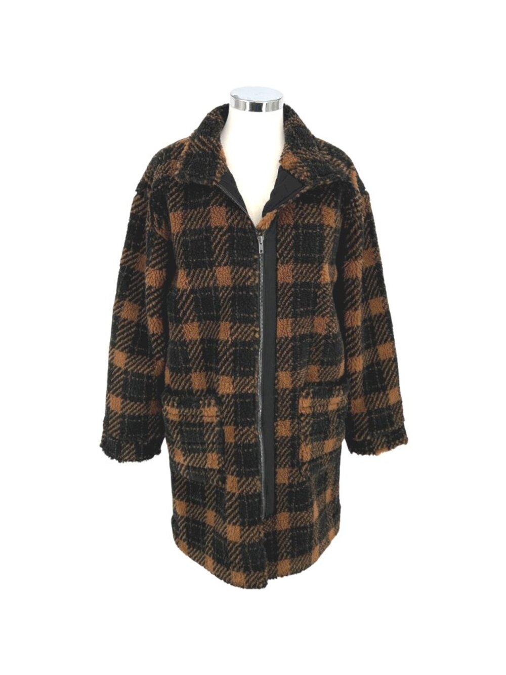 Saltwater Luxe Plaid Faux Fur Coat Jacket Black Brown Cinnamon Size Small NWT